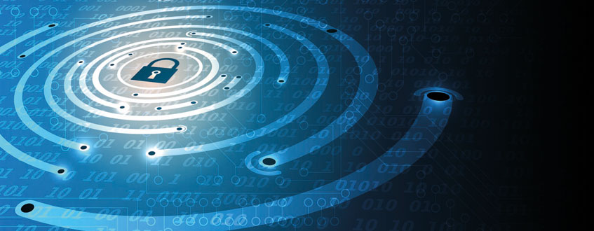 Cyber-Bedrohungen werden immer komplexer und undurchsichtiger Grafik eines Vorhängeschlosses im inneren mehrerer Kreise