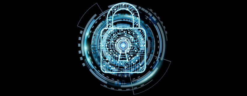 Datenschutz und Datensicherheit genießen schon immer einen hohen Stellenwert Grafische Darstellung eines blauen Vorhängeschlosses auf schwarzem Hintergrund