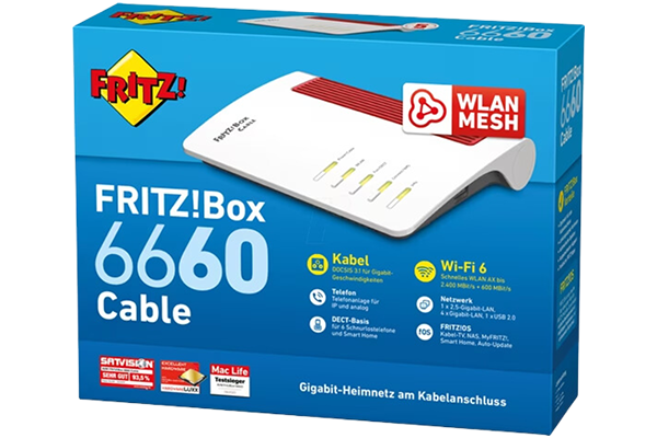 Sie sehen eine Verpackung vom WLAN-Router z.B. FRITZ!BOX 6660 Cable.