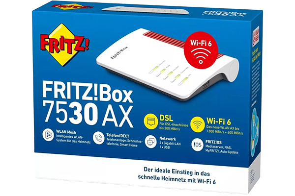 Sie sehen eine Verpackung vom WLAN-Router z.B. FRITZ!BOX 7530 AX.